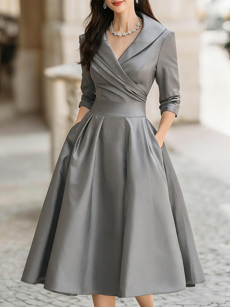 Vintage-Inspired Satin Midi Dress With Collar