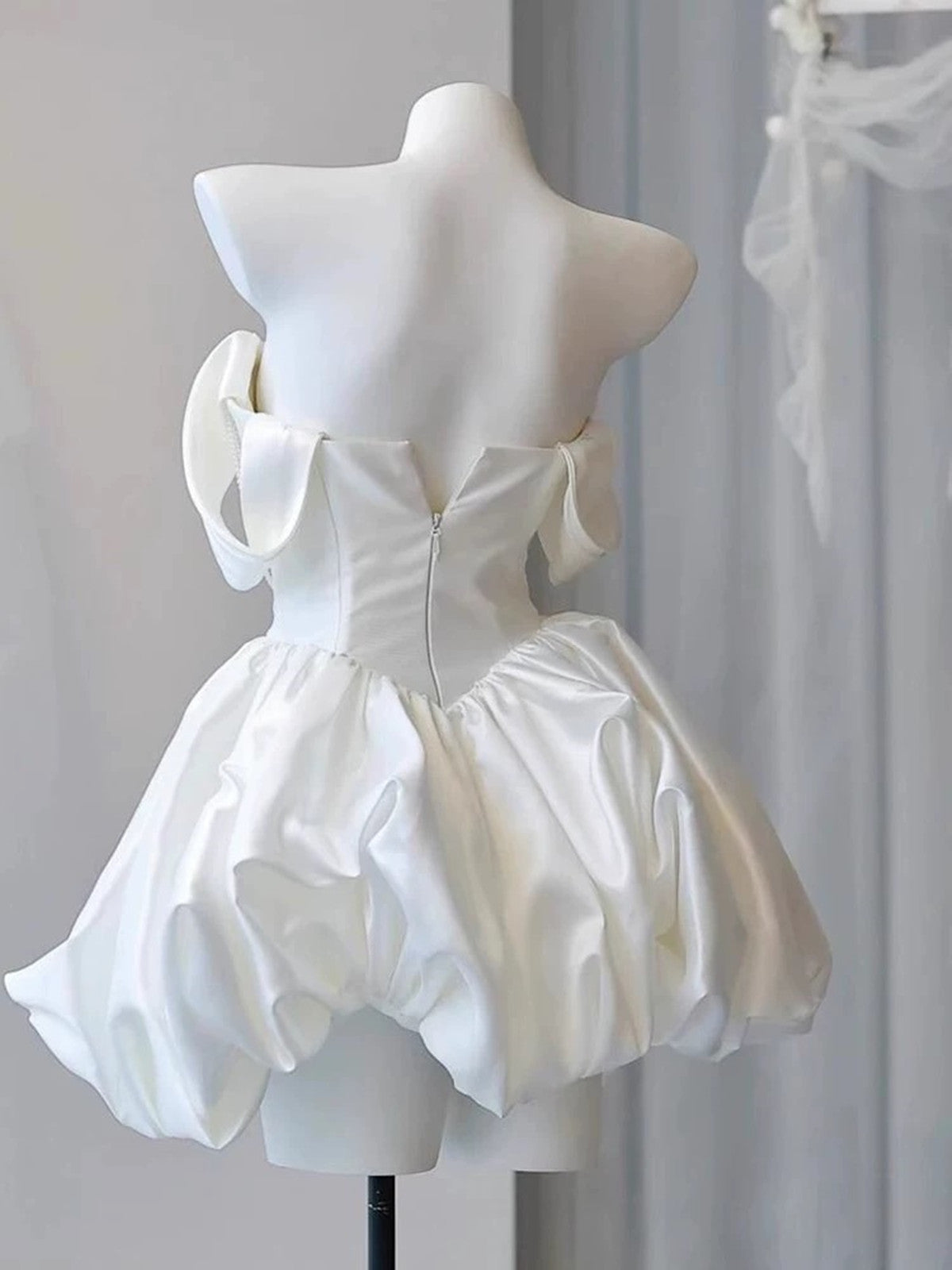 White Satin Off Shoulder Mini Dress