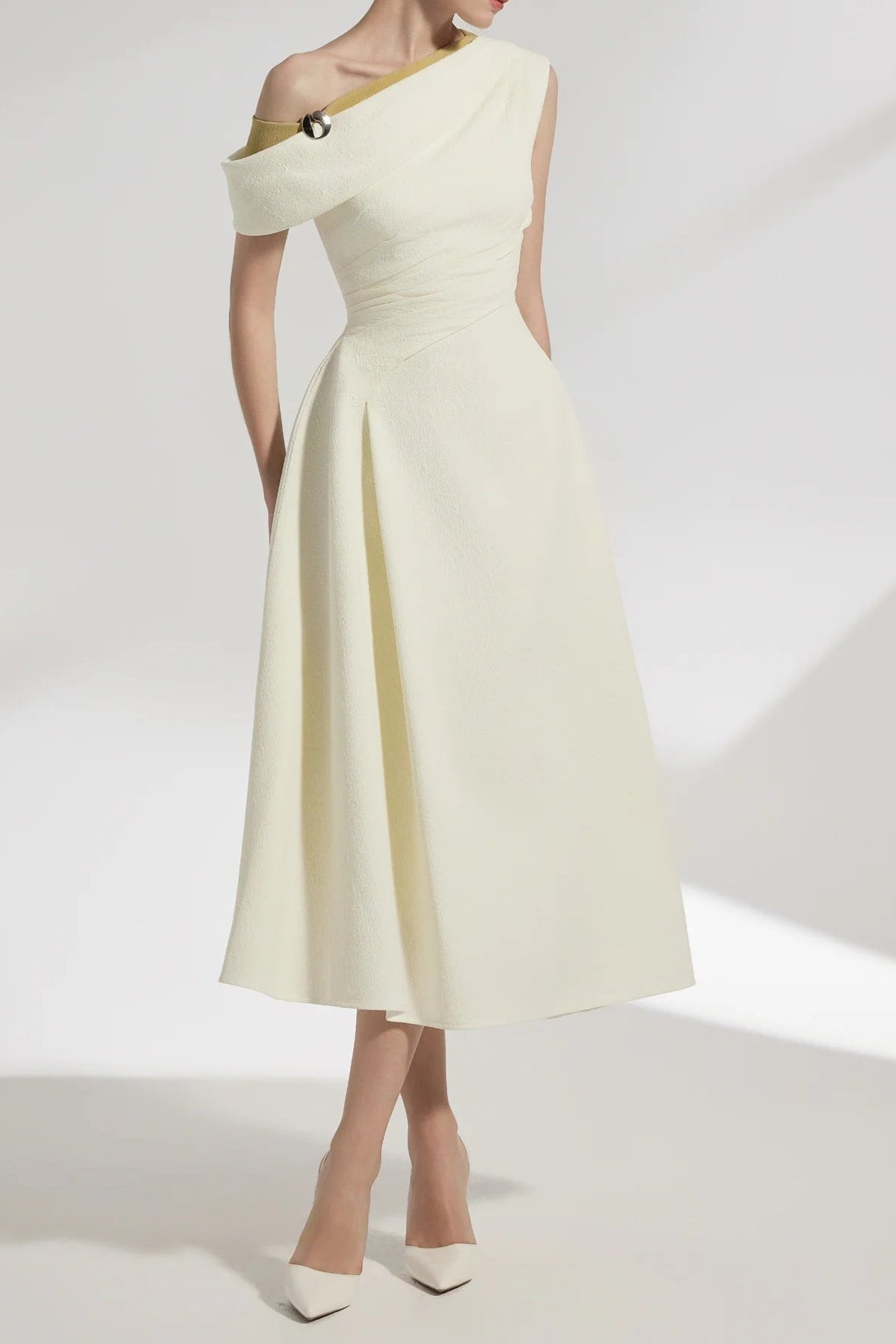 Lucy One-Shoulder A-Line Midi Dress in White
