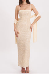 Gold Sequin Bodycon Gown with Scarf