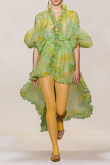 Green Watercolor Floral Ruffle Dress with Puff Sleeves