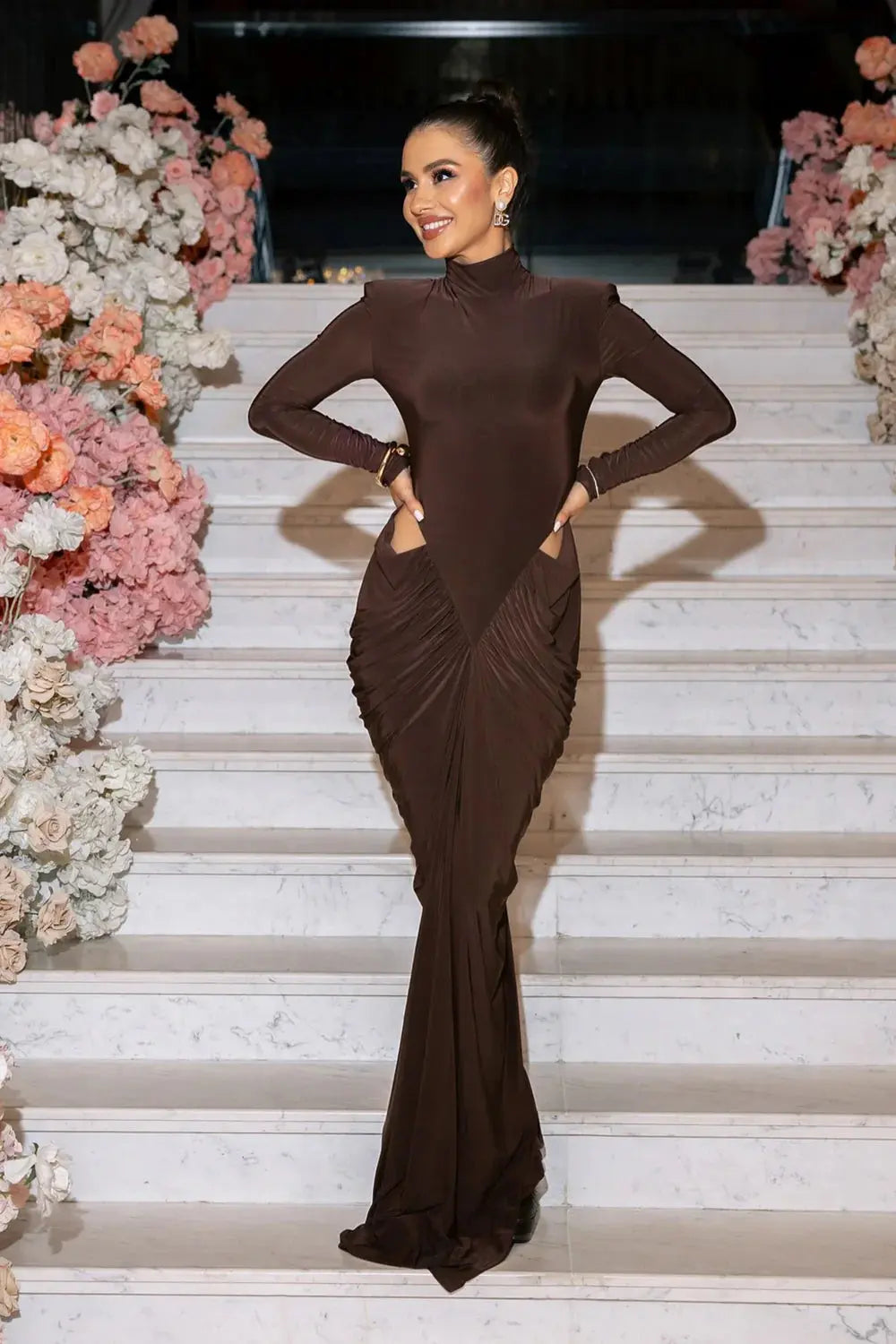 Turtleneck Long Sleeve Cutout Bodycon Gown in Brown