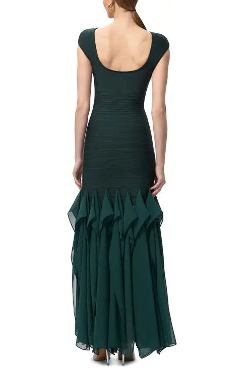 Ruffled Mesh Bodycon Bandage Maxi Dress in Green
