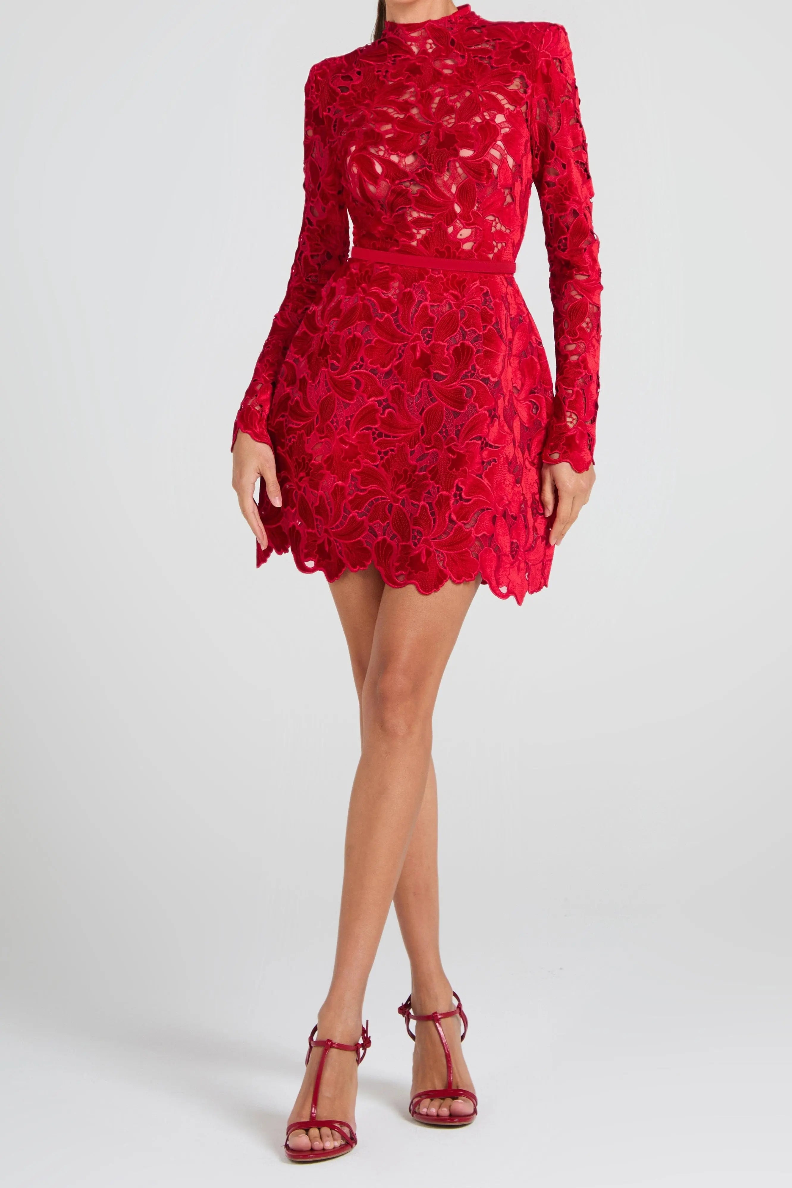 Long-Sleeved Zippered Lace Mini Dress in Red