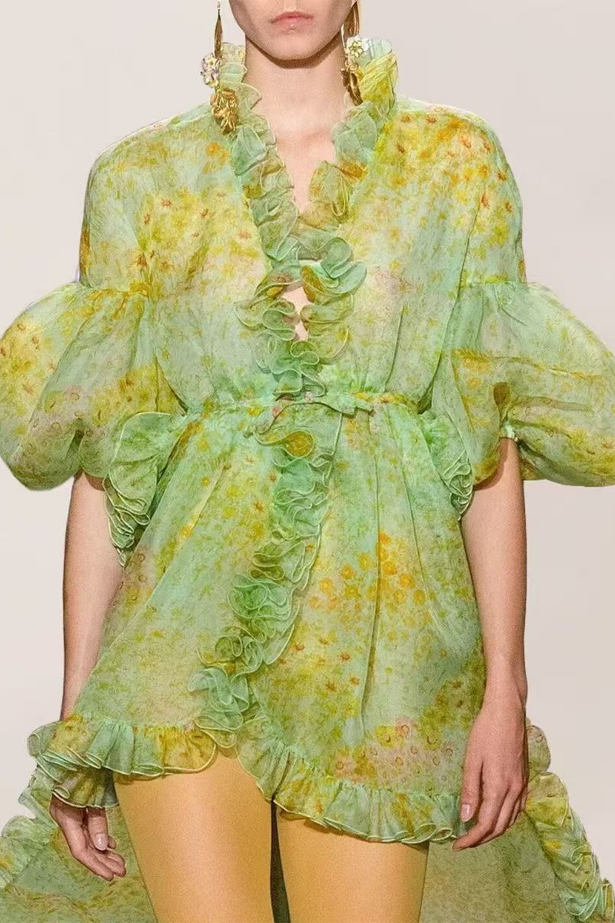 Green Watercolor Floral Ruffle Dress with Puff Sleeves
