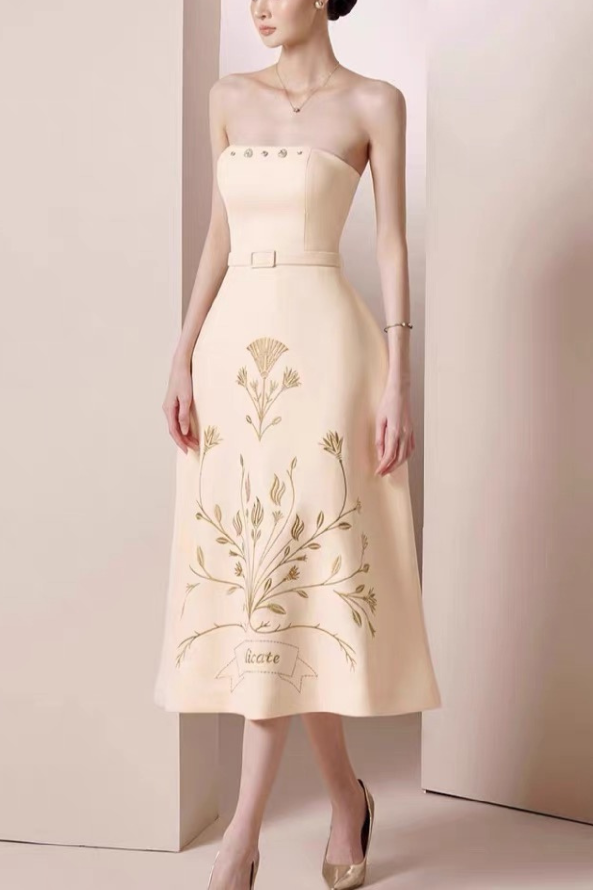 Beige Botanical Embroidery Midi Dress
