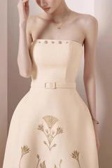 Beige Botanical Embroidery Midi Dress