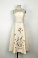 Beige Botanical Embroidery Midi Dress