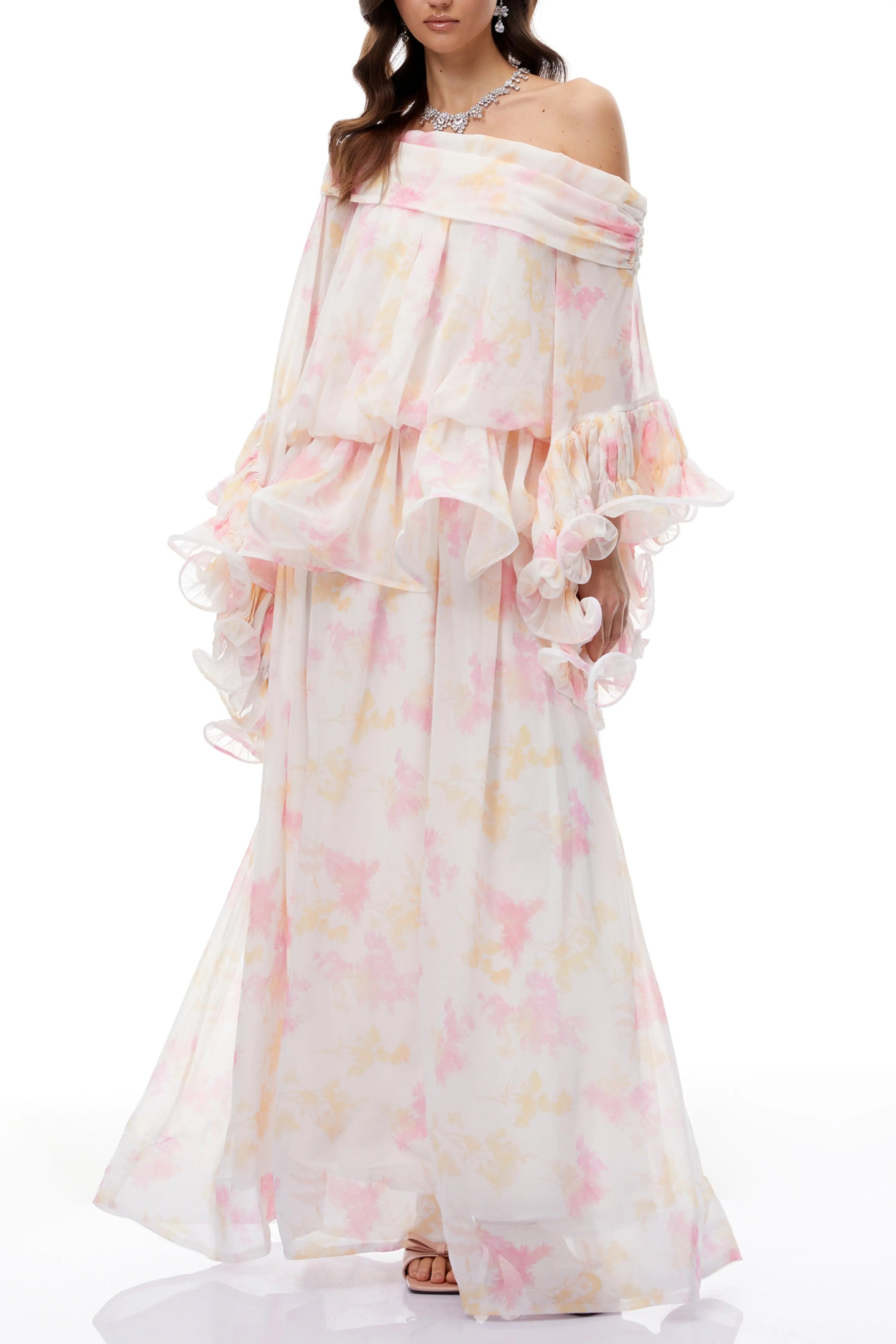 White Floral Print Ruffled Maxi Dress