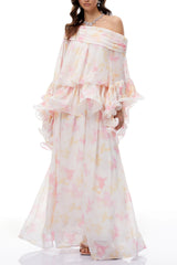 White Floral Print Ruffled Maxi Dress