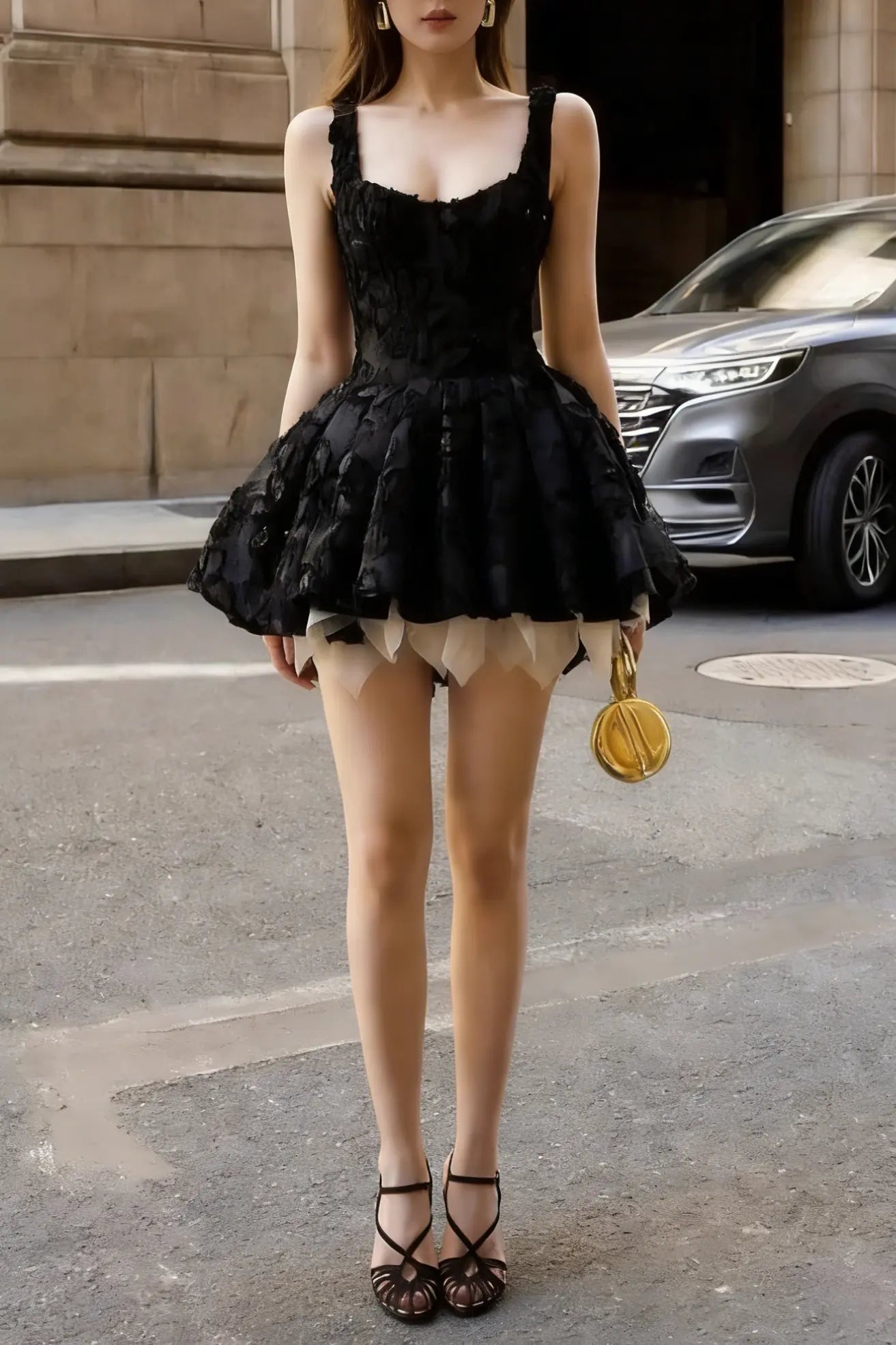 Sequin Embellishment Lace Puffy Mini Dress in Black