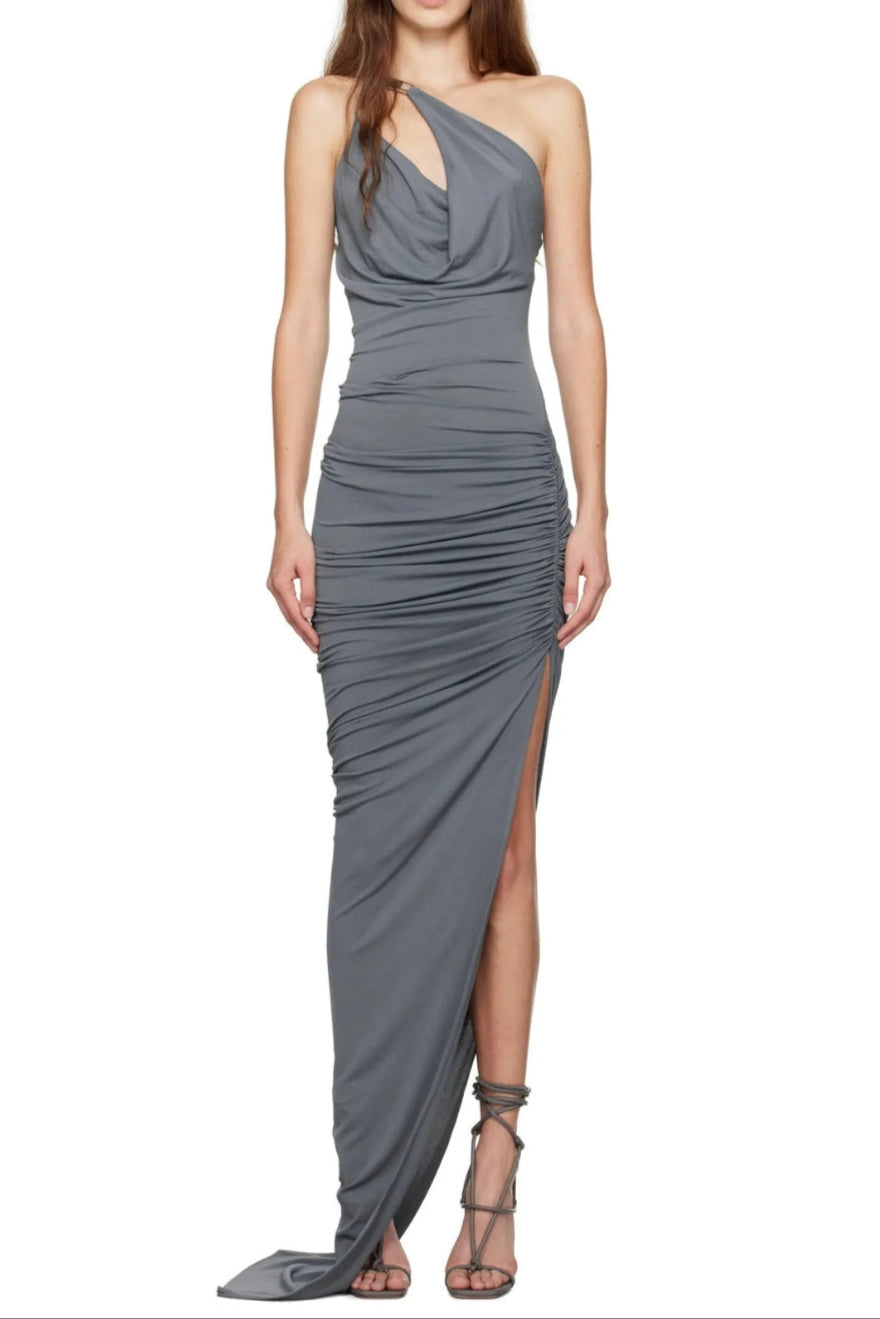 One-Shoulder Sleeveless Ruched Bodycon Maxi Dress in Grey