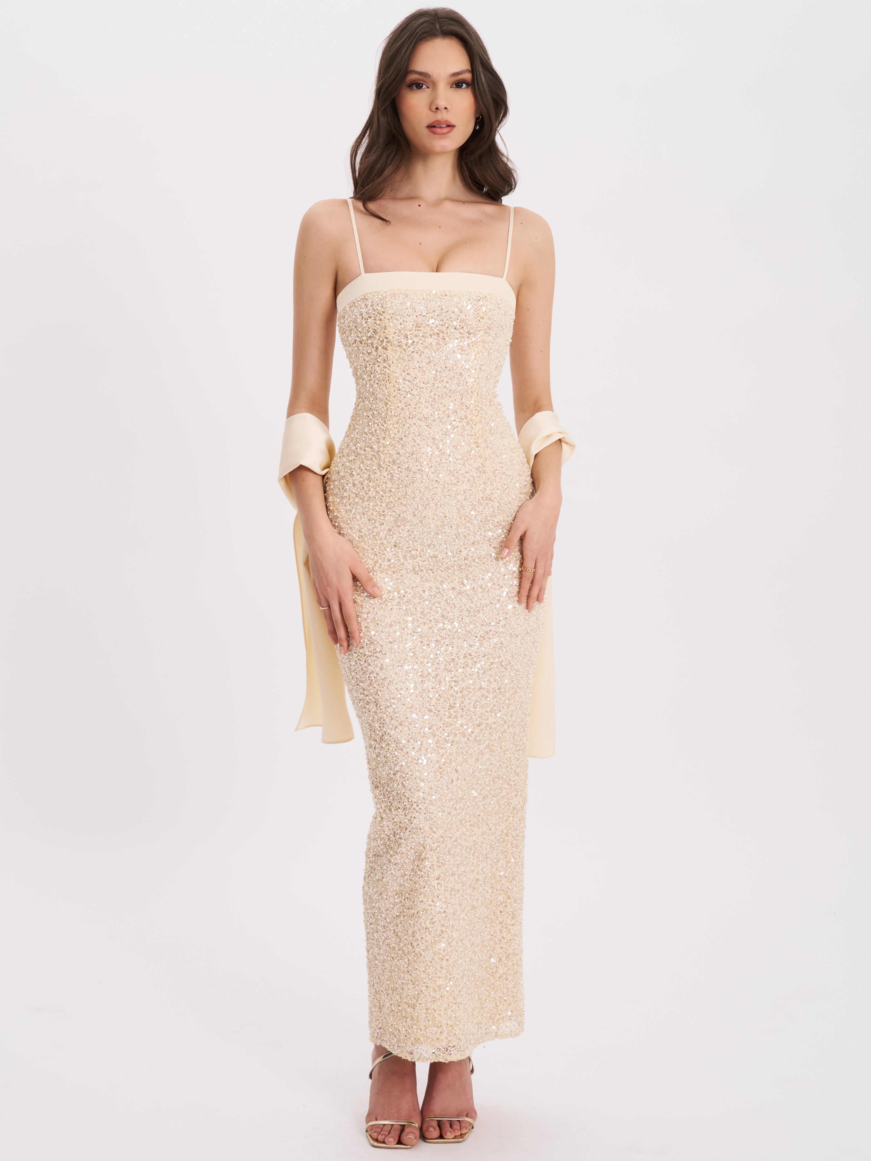 Gold Sequin Bodycon Gown with Scarf