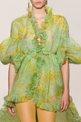 Green Watercolor Floral Ruffle Dress with Puff Sleeves