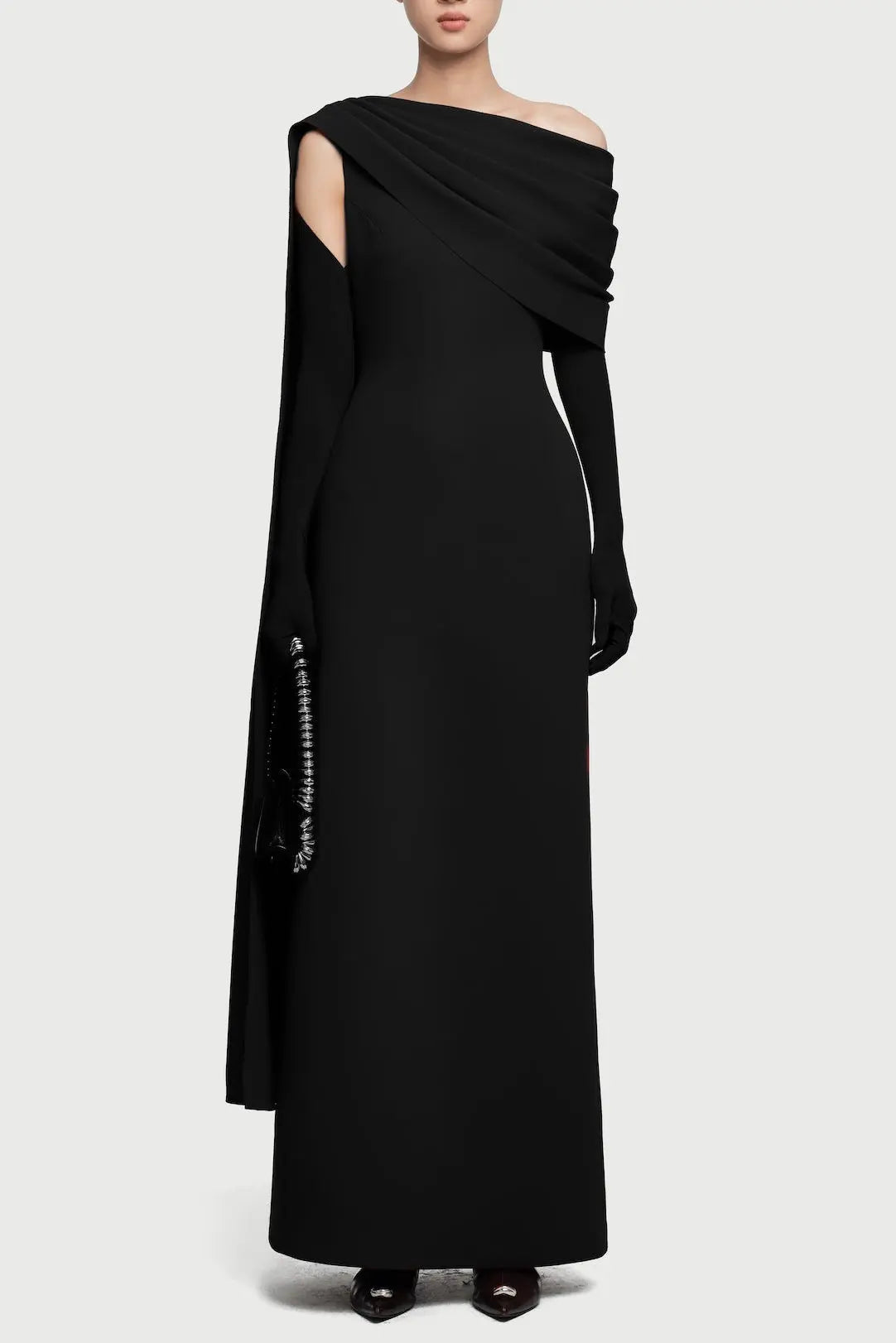 One-Shoulder Knit Asymmetrical Maxi Dress in Black