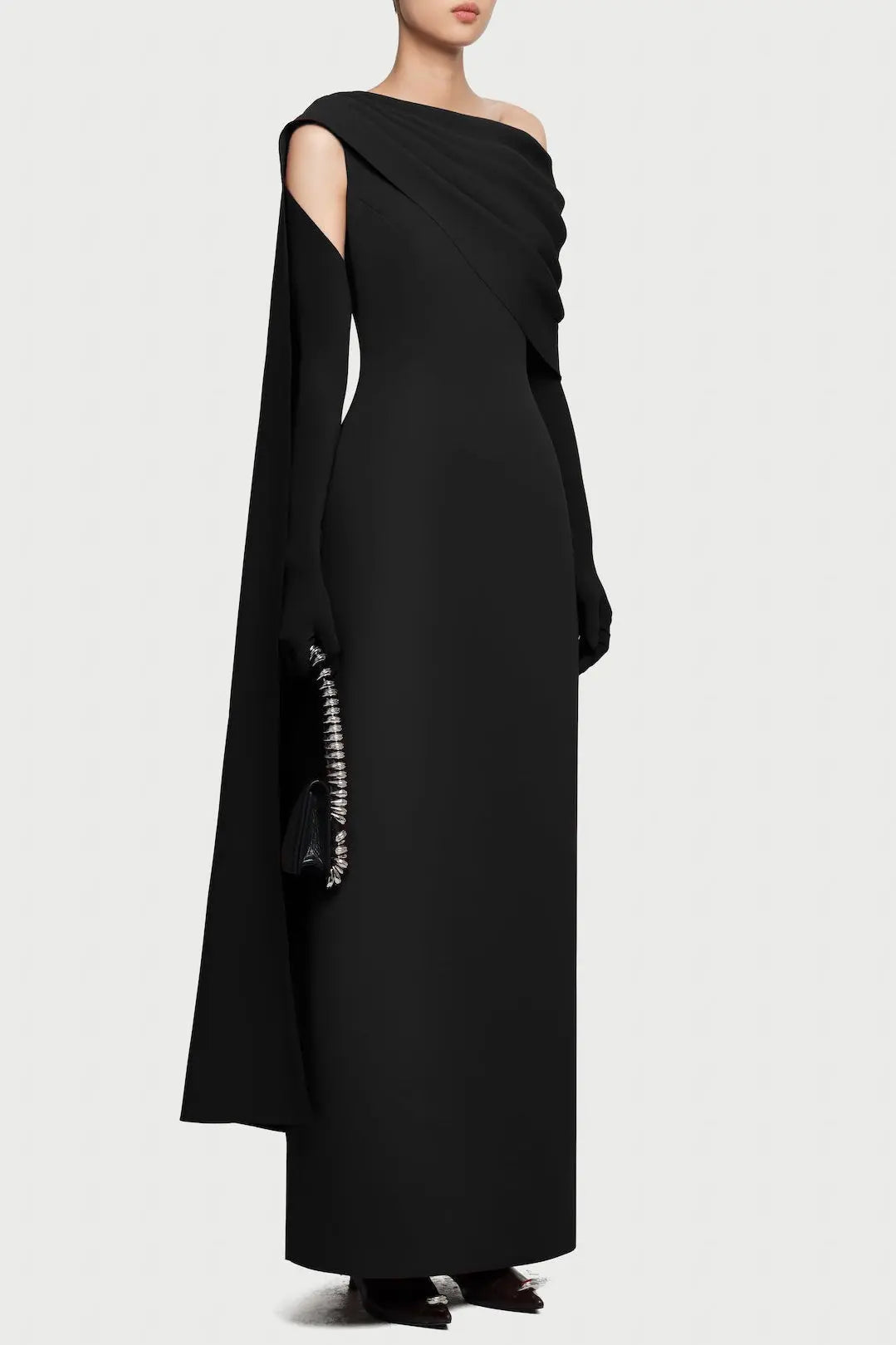 One-Shoulder Knit Asymmetrical Maxi Dress in Black