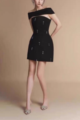 Off Shoulder Rhinestone Mini Dress