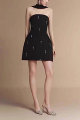 Off Shoulder Rhinestone Mini Dress