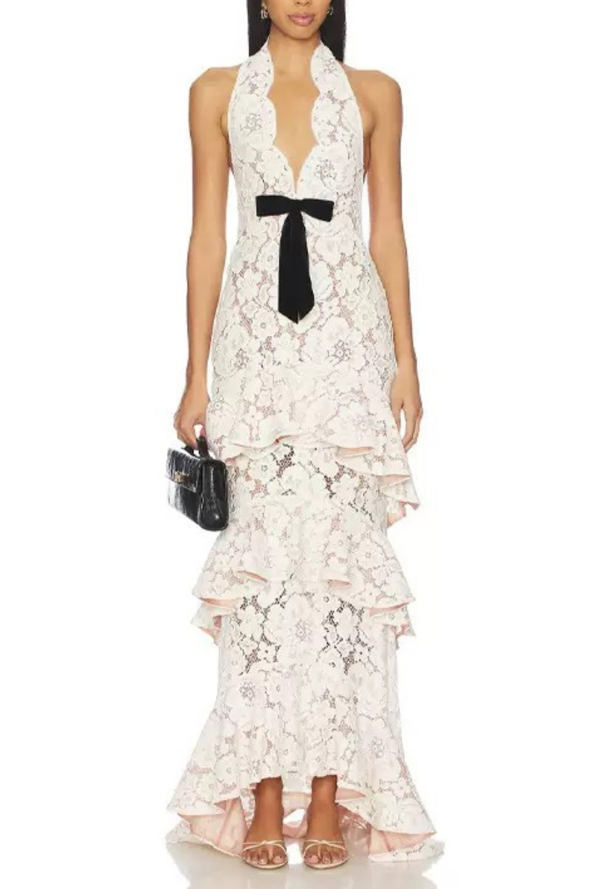 White Lace Halter Neck Ruffle Dress