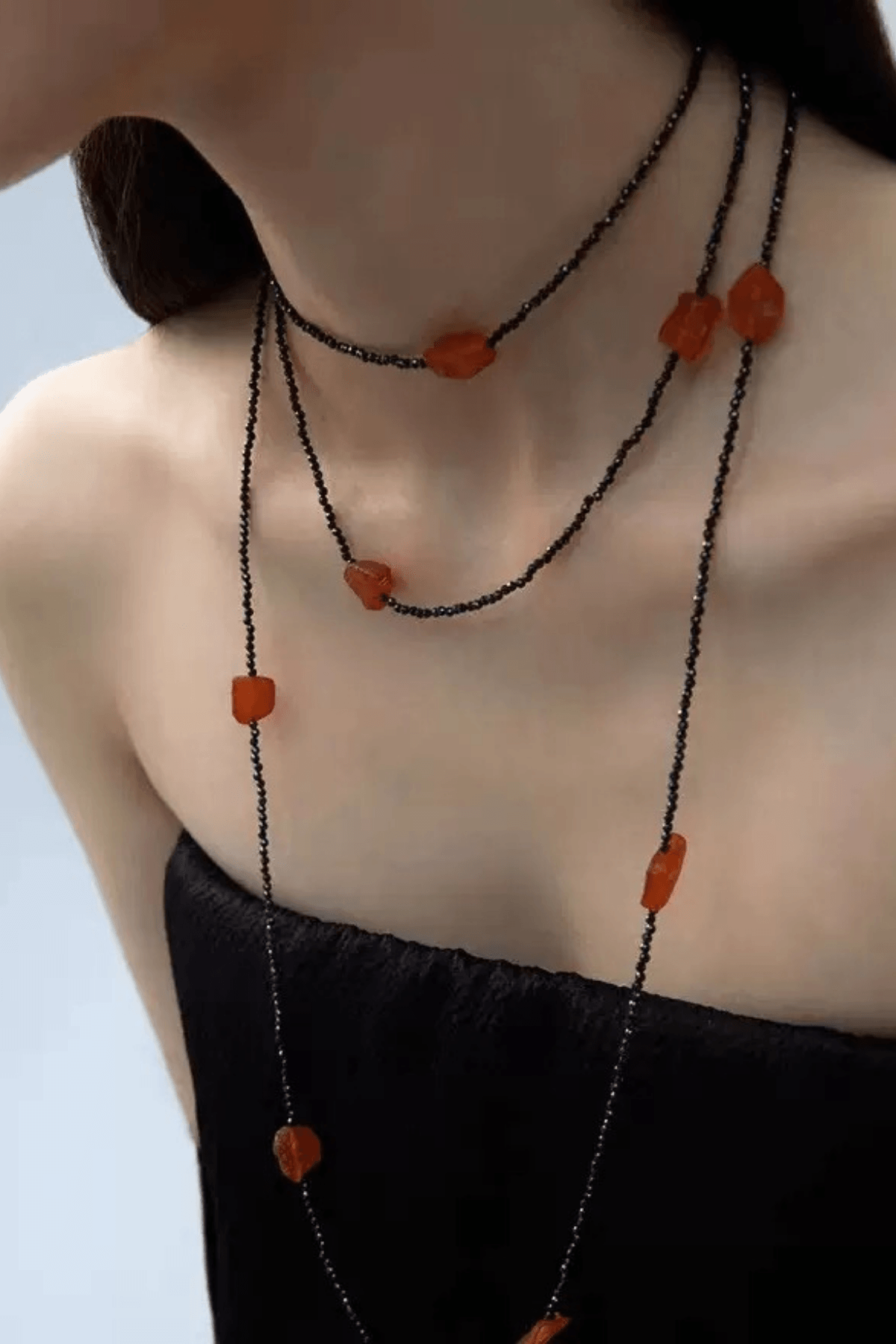 Black Chain Orange Raw Stone Layered Necklace