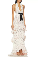 White Lace Halter Neck Ruffle Dress
