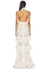 White Lace Halter Neck Ruffle Dress