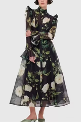 Print Sleeve Midi Dress in Black
