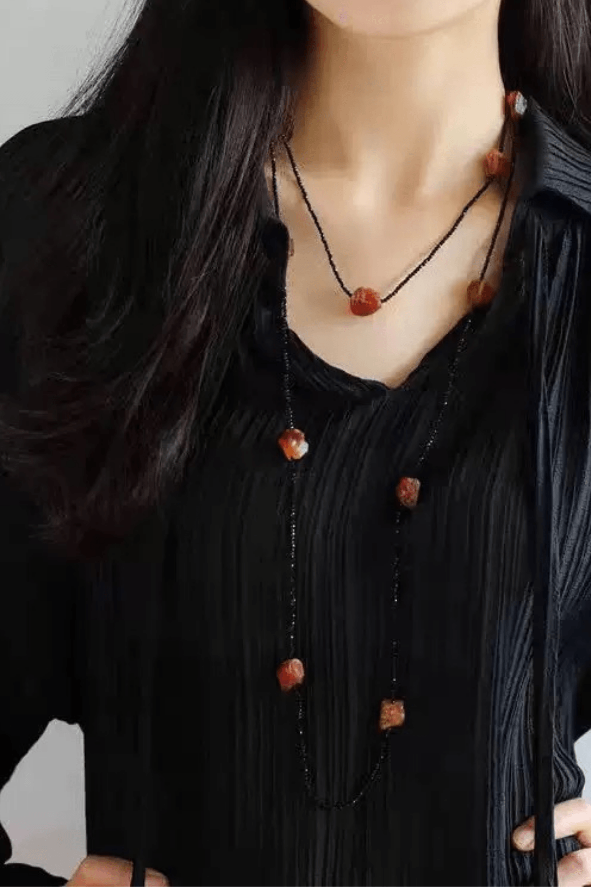 Black Chain Orange Raw Stone Layered Necklace