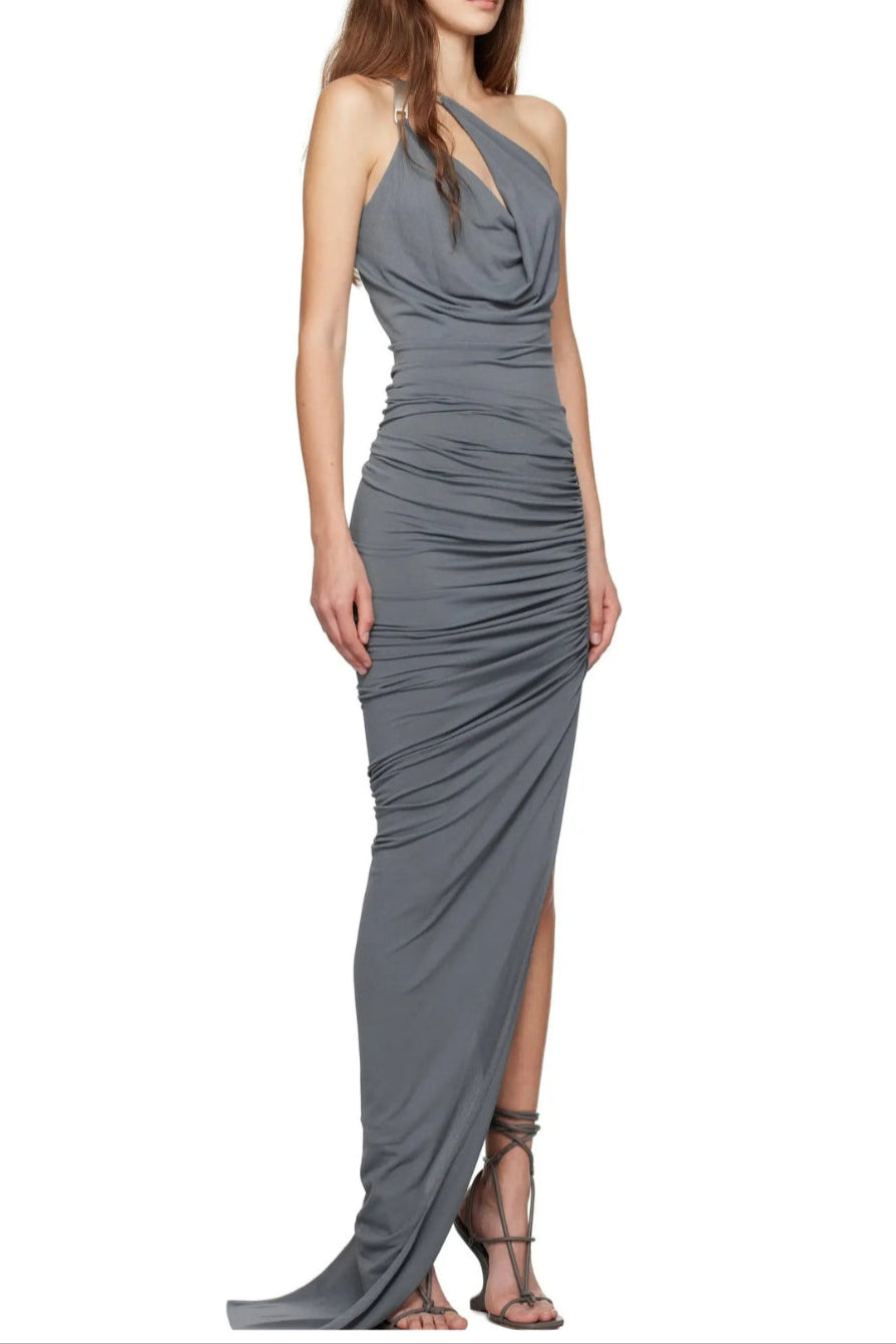 One-Shoulder Sleeveless Ruched Bodycon Maxi Dress in Grey