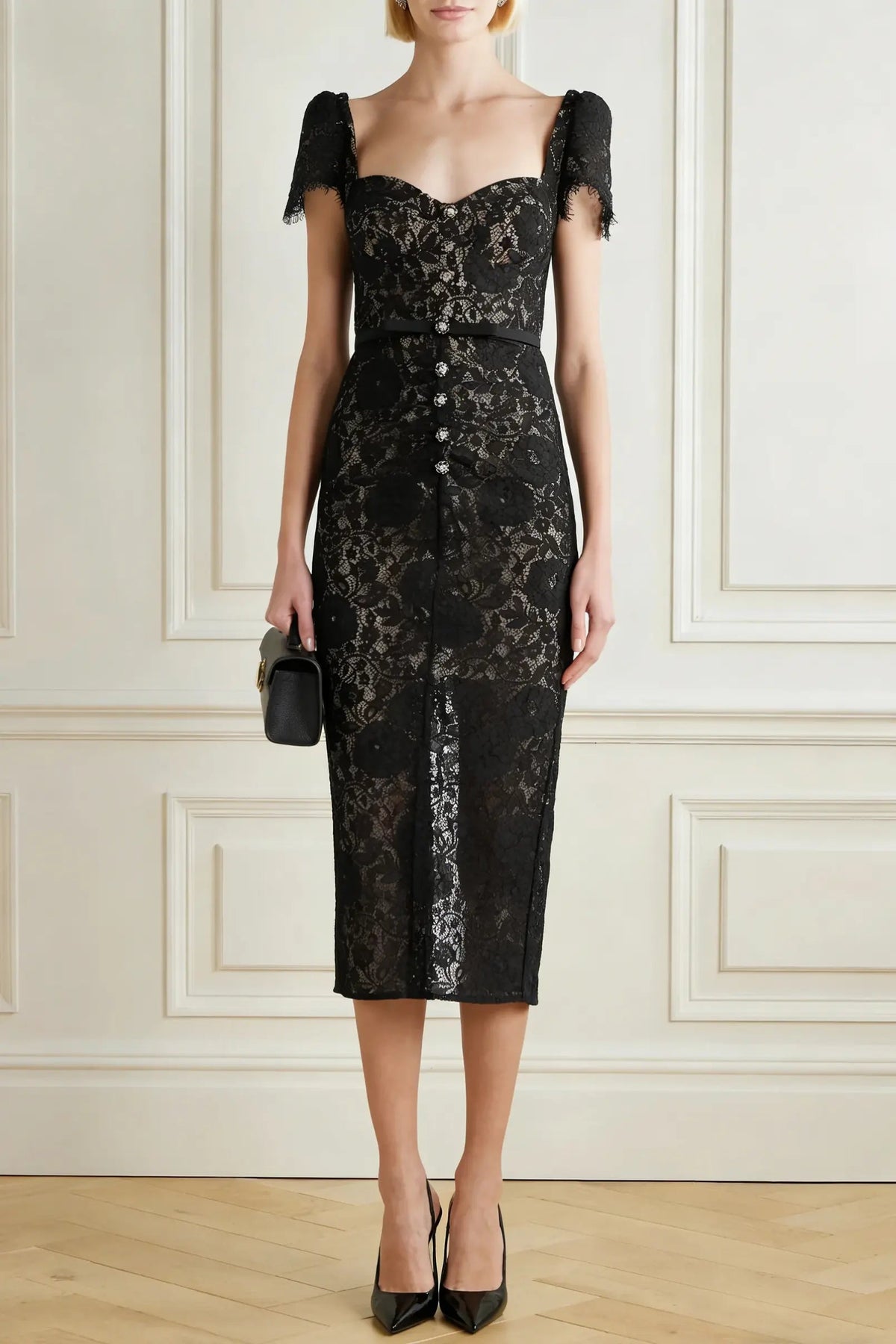 Black Embellished Cotton-Blend Lace Midi Dress