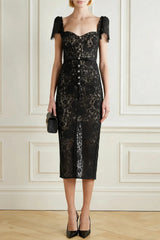 Black Embellished Cotton-Blend Lace Midi Dress