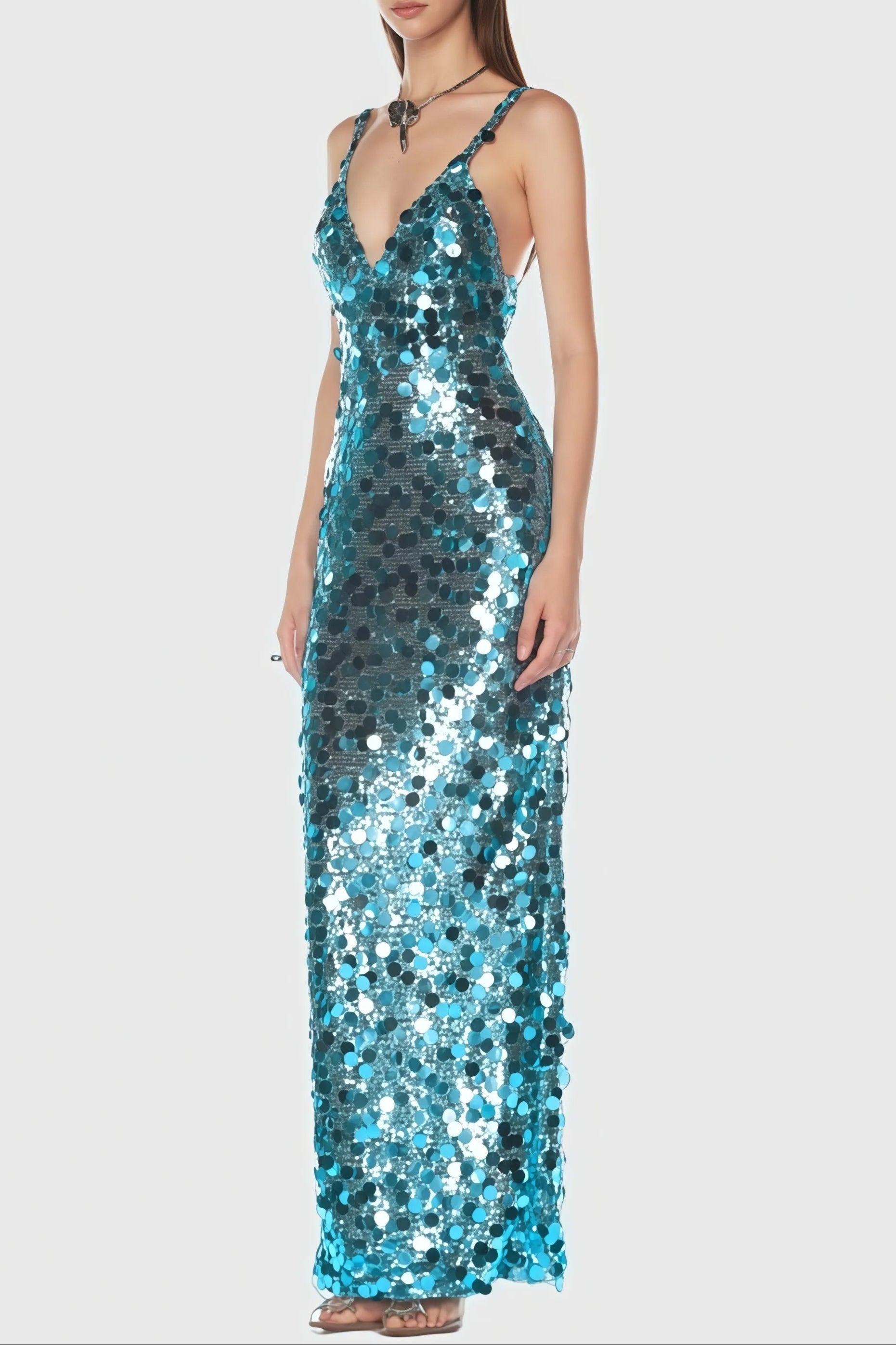 Sequin Deep V Maxi Dress in Blue
