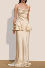 Splicing Ruffle Silk Maxi Dress in Apricot