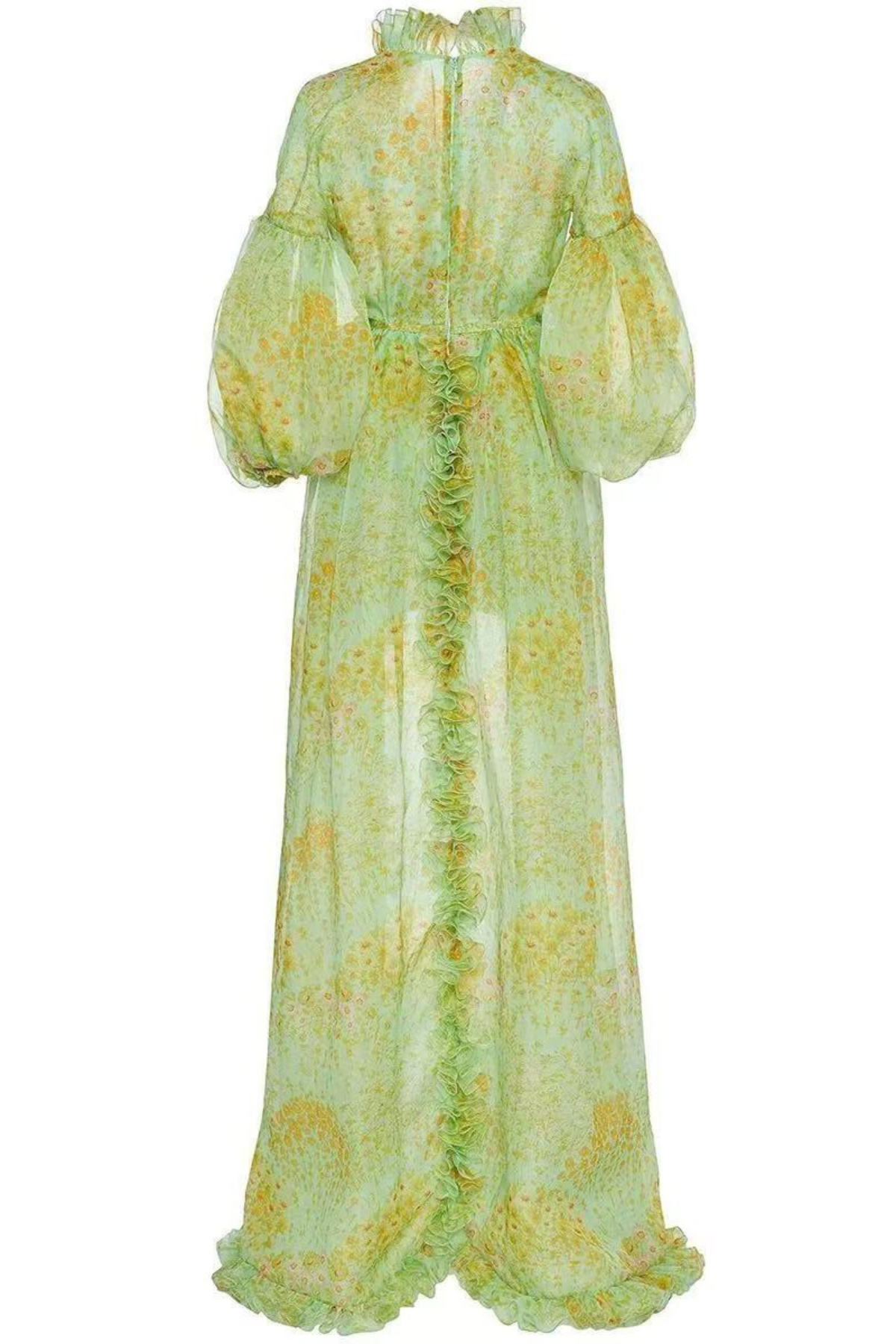 Green Watercolor Floral Ruffle Dress with Puff Sleeves