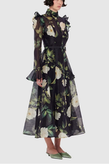 Print Sleeve Midi Dress in Black