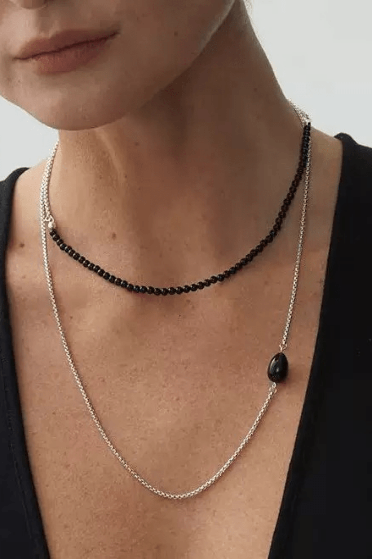 Black Bead Choker Silver Layered Stone Necklace