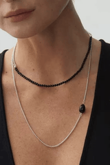 Black Bead Choker Silver Layered Stone Necklace