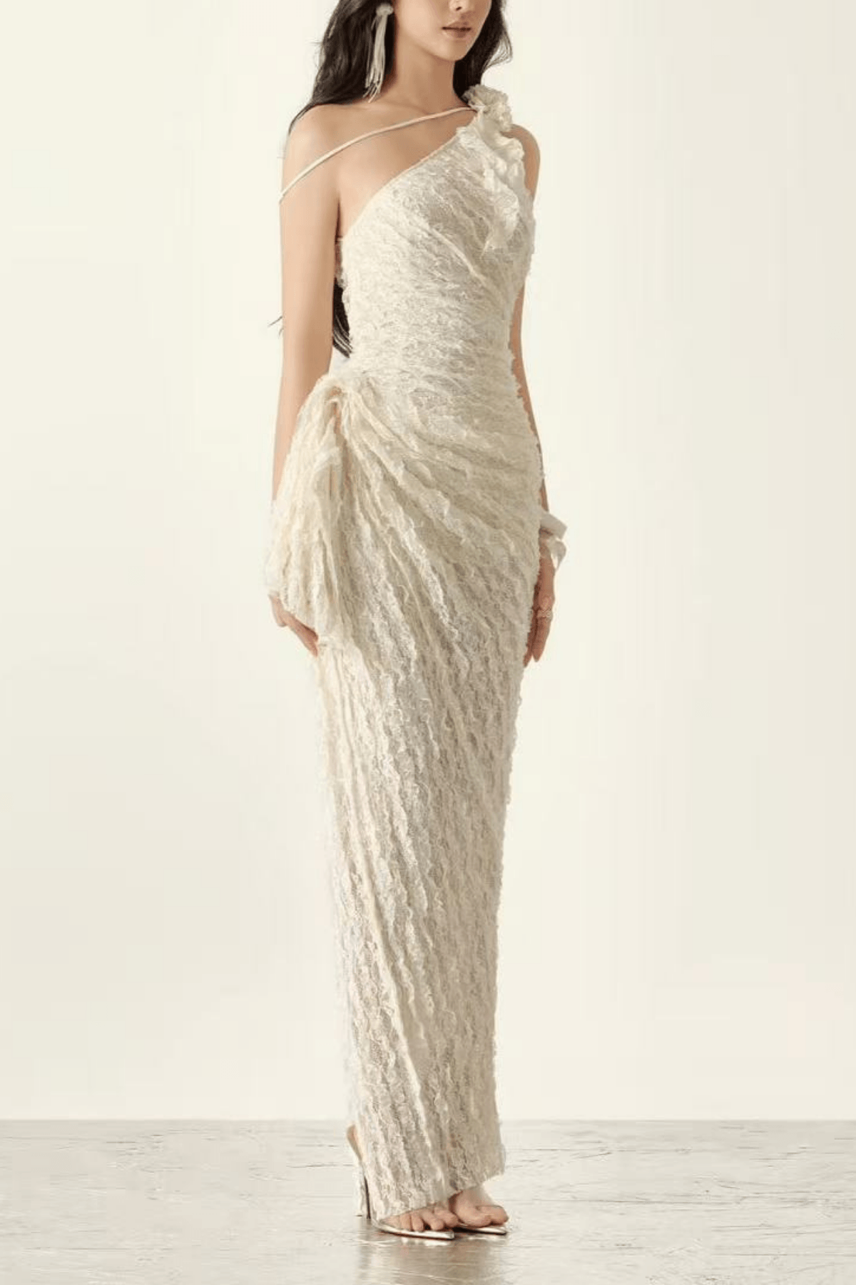 Blair One Shoulder 3D Floral Ruched Textured Lace Evening Dress