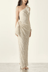 Blair One Shoulder 3D Floral Ruched Textured Lace Evening Dress