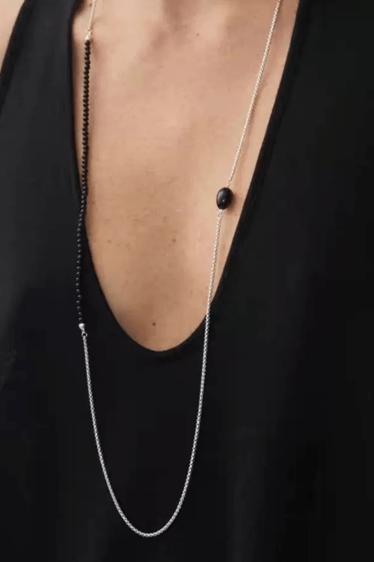 Black Bead Choker Silver Layered Stone Necklace