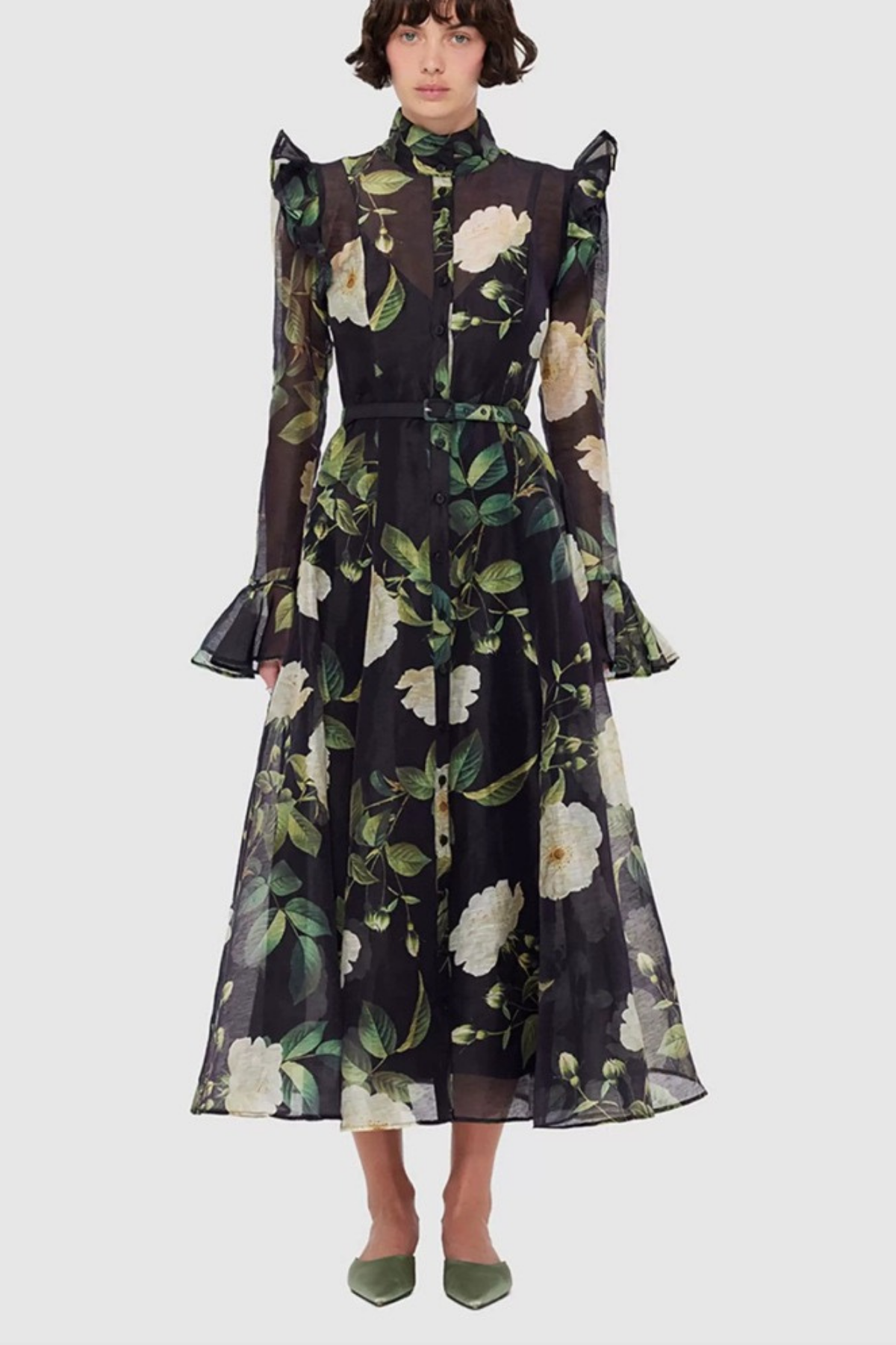 Print Sleeve Midi Dress in Black