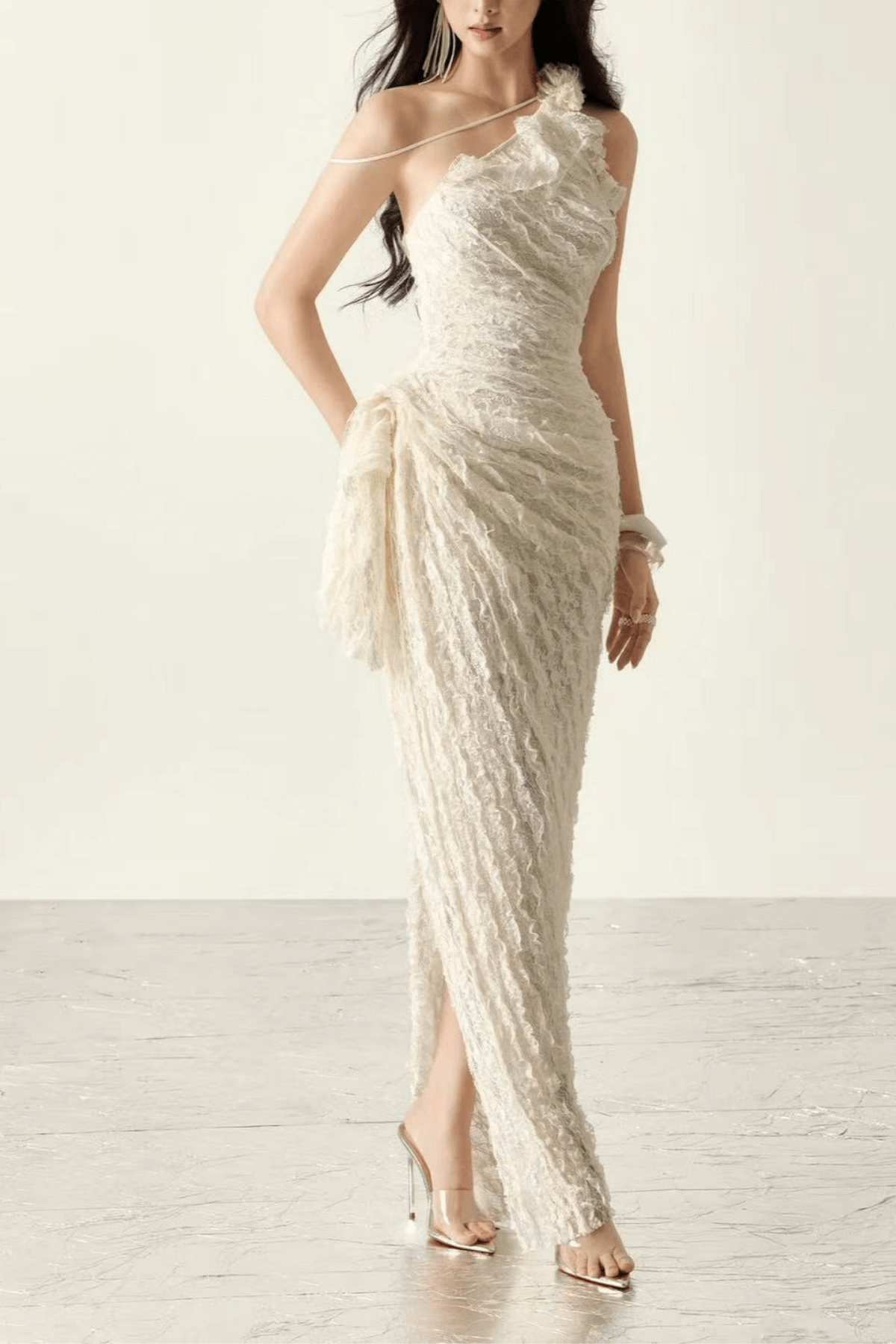 Blair One Shoulder 3D Floral Ruched Textured Lace Evening Dress
