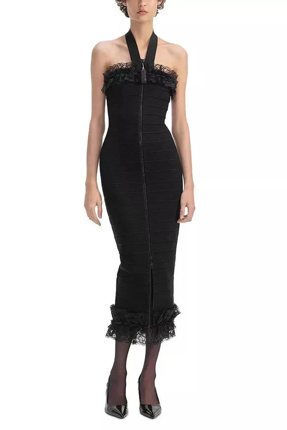 Knit Zip Ruffle Midi Dress in Black