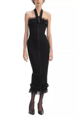 Knit Zip Ruffle Midi Dress in Black