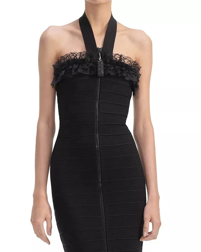 Knit Zip Ruffle Midi Dress in Black