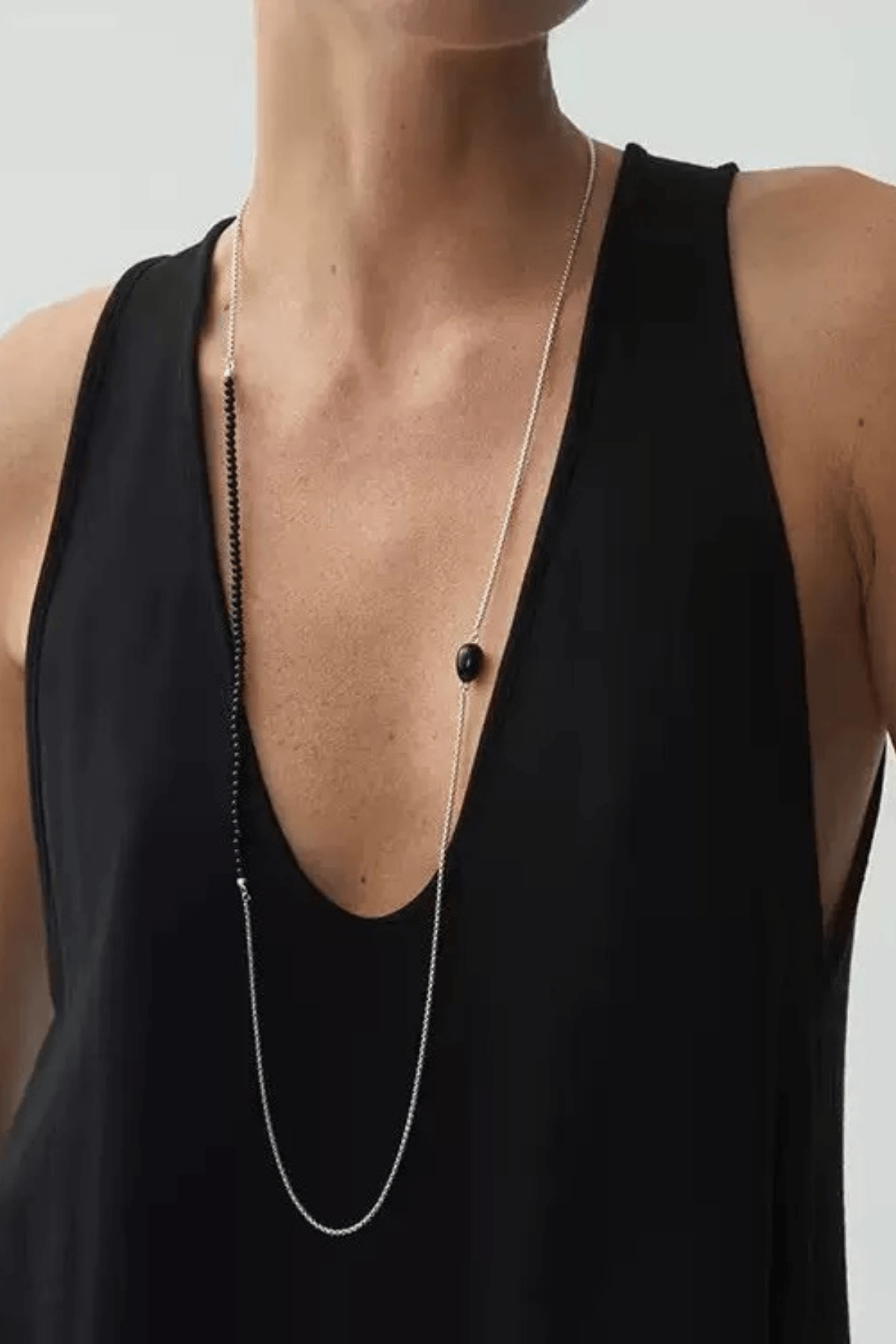 Black Bead Choker Silver Layered Stone Necklace