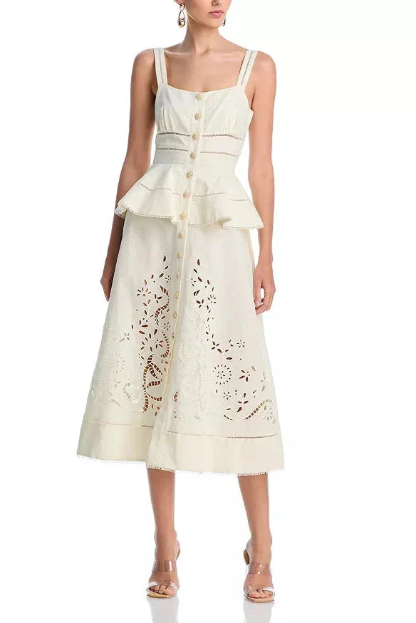 Peplum Hollow Midi Dress in Beige
