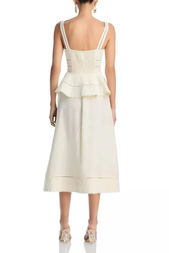 Peplum Hollow Midi Dress in Beige
