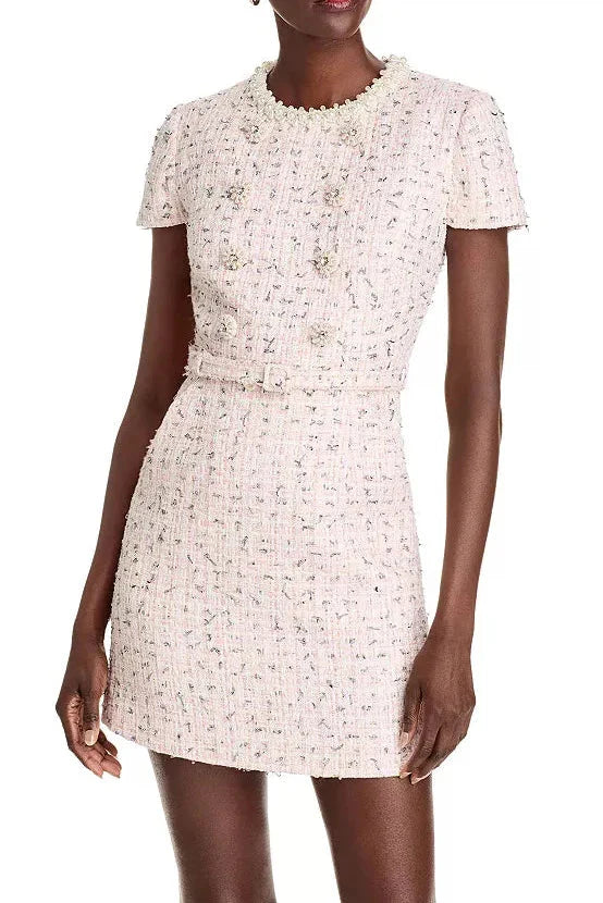Embellished Boucle Mini Dress in Pink