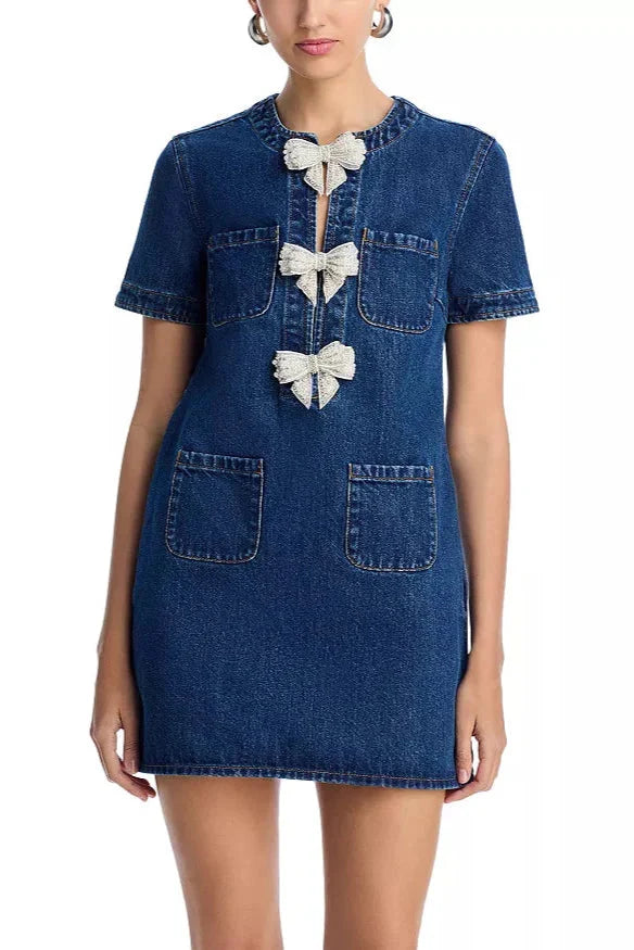 Embellished Denim Mini Dress in Blue